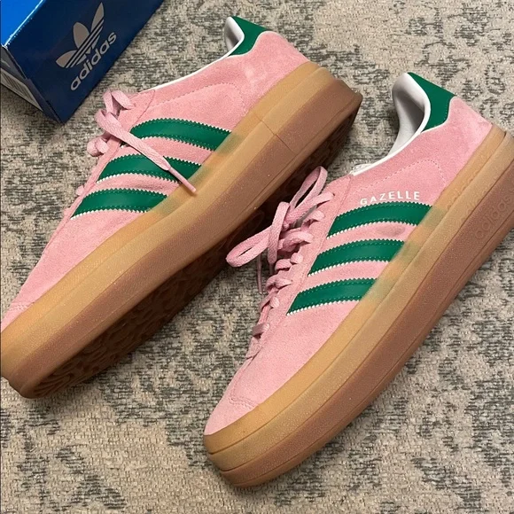Gazelle Bold: Adidas Women's Pink and Green Gazelle Bold Sneakers - Picture 3 of 11